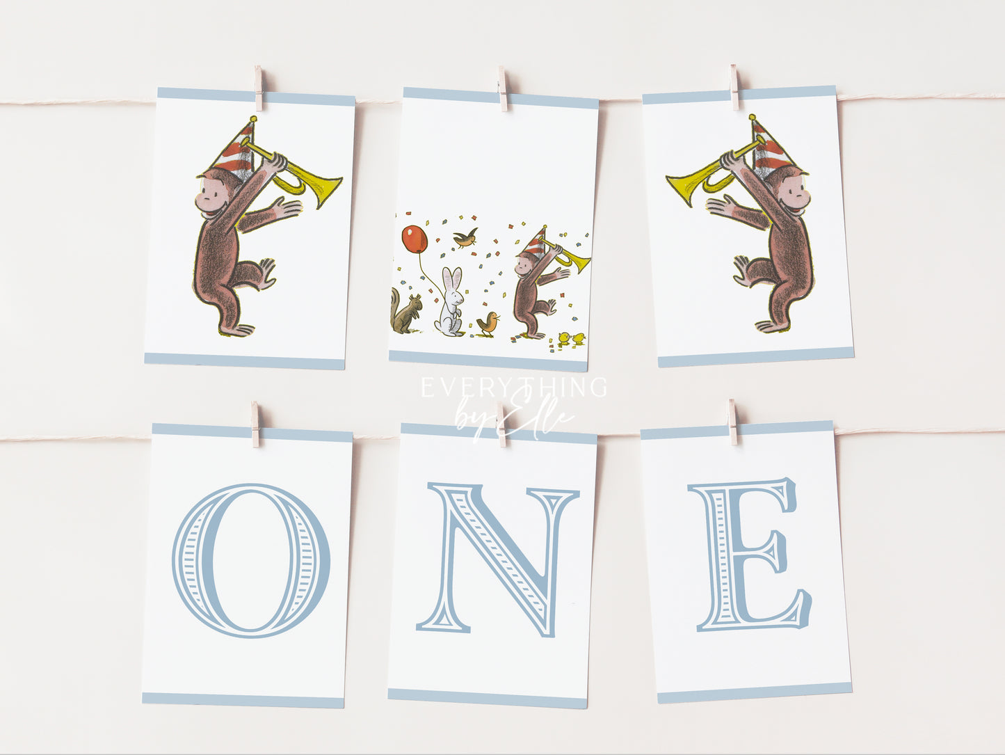 Curious George Birthday High Chair Banner Editable | Blue Vintage Monkey 1st Birthday Party Favor Printable ONE Garland Banner Template | Monkey See Monkey Do Party | EverythingByElleCo
