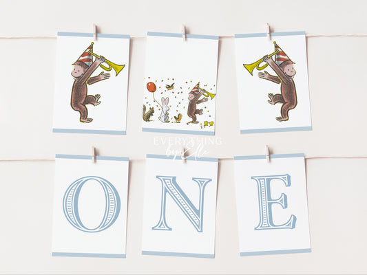 Curious George Birthday High Chair Banner Editable | Blue Vintage Monkey 1st Birthday Party Favor Printable ONE Garland Banner Template | Monkey See Monkey Do Party | EverythingByElleCo
