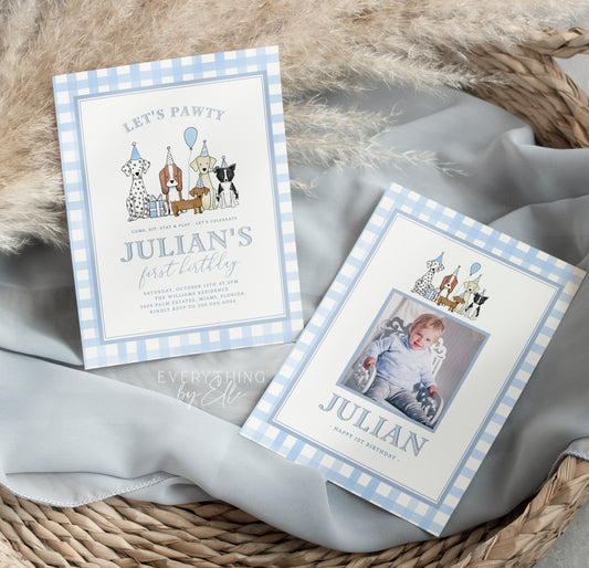 Let's Pawty Blue Puppy Birthday Invitation Editable | Boy Puppy Dog 1st 2nd Birthday Party Invite Template | EverythingByElleCo