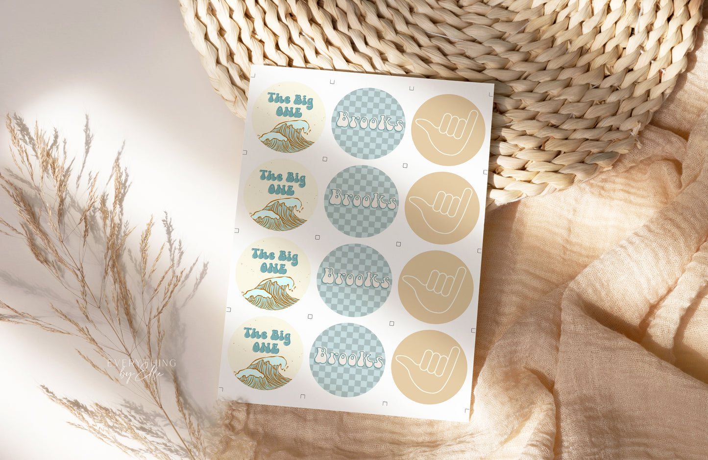 The Big One Surf Birthday Cupcake Toppers Editable | Vintage Surf Boy 1st Birthday Party Printable Round Label Sticker Template | EverythingByElleCo