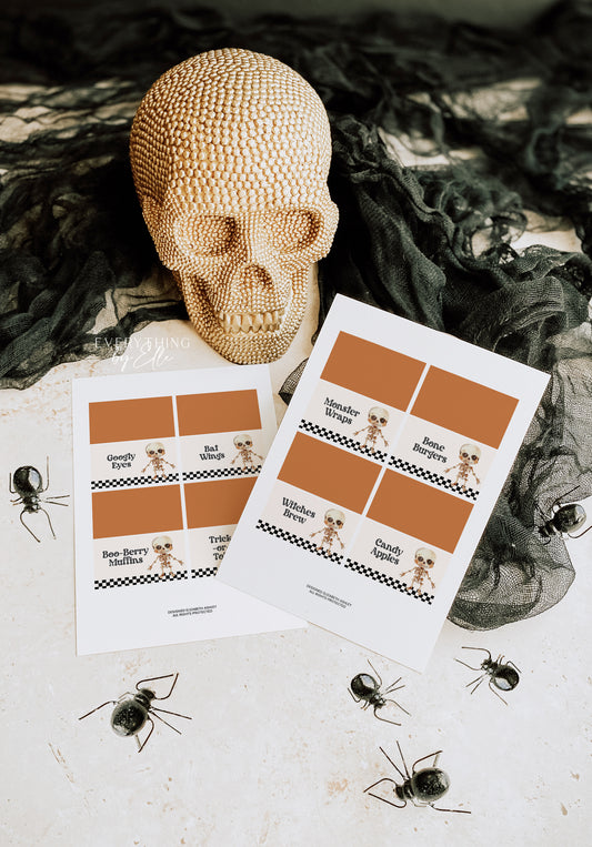 Skeleton Halloween Birthday Food Tent Cards Editable | Spooky Bash First Birthday Food Labels | One Spooky Dude Birthday Template | Two Spooky | Green Halloween Costume Party Template | EverythingByElleCo