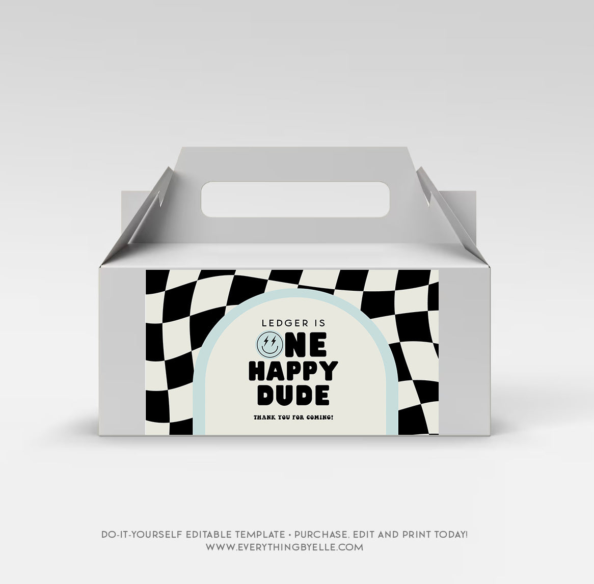 One Happy Dude Birthday Gable Box Label | Smiley Face 1st Birthday Thank You Favors Box | Editable Retro First Birthday for Boys | Blue Checkered Party Decor Printables