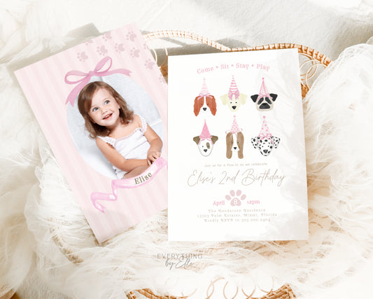 Let's Pawty Pink Puppy Birthday Invitation Editable | Girly Puppies Dog 2nd Birthday Party Invite Template | EverythingByElleCo