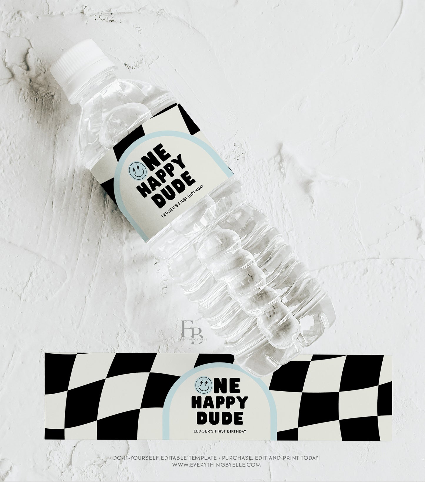 One Happy Dude Birthday Water Bottle Label | Smiley Face 1st Birthday Thank You Favors | Editable Retro First Birthday for Boys | Blue Checkered Party Decor Printables