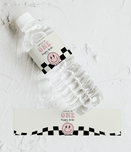 ONE Happy Babe Water Bottle Label Editable | Retro Pink Girl Smiley 1st Birthday Printable Favors Template | EverythingByElleCo