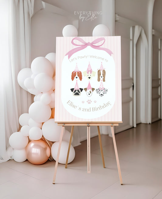 Let's Pawty Pink Puppy Birthday Welcome Sign Editable | Girly Puppies Dog 2nd Birthday Printable Party Template | EverythingByElleCo