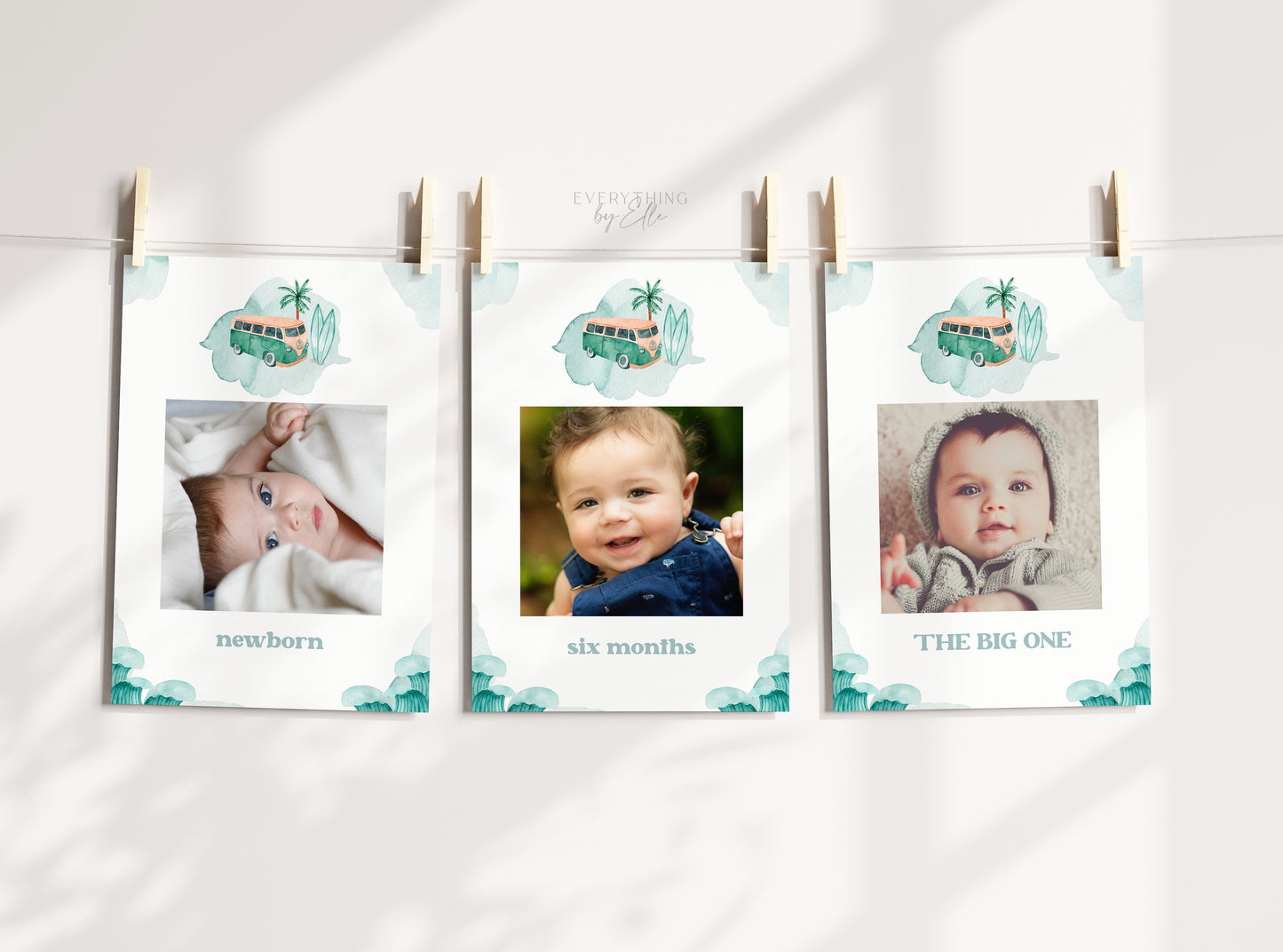 The Big ONE Surf Van Birthday Milestone Photo Banner Editable | Vintage Retro Teal Surf Monthly Milestone Banner | My First Year | Boy Beach 1st Birthday Party Printable Template | EverythingByElleCo