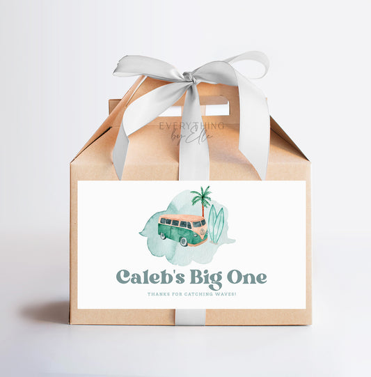 The Big ONE Surf Van Birthday Gable Box Label Editable | Vintage Retro Teal Surf Favor Box Sticker | Boy Beach 1st Birthday Party Printable Template | EverythingByElleCo