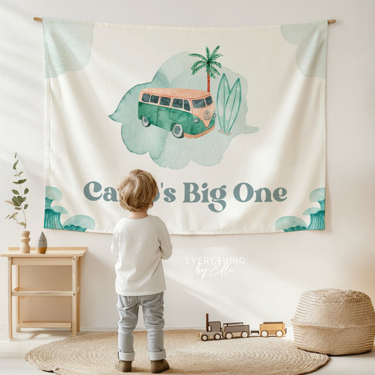 The Big ONE Surf Van Birthday Backdrop Editable | Vintage Retro Teal Surf Favor Box Surf Birthday Banner | Boy Beach 1st Birthday Party Printable Template | EverythingByElleCo