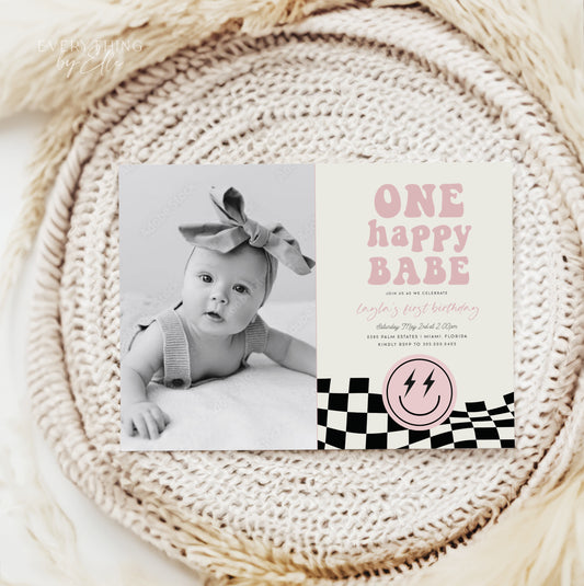 ONE Happy Babe Invitation with Photo Editable | Retro Pink Girl Smiley 1st Birthday Party Invite Template | EverythingByElleCo