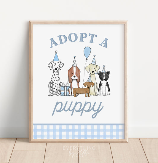 Let's Pawty Blue Puppy Birthday Adopt a Puppy Sign Editable | Boy Puppy Dog 1st 2nd Birthday Party Printable Table Sign Template | EverythingByElleCo