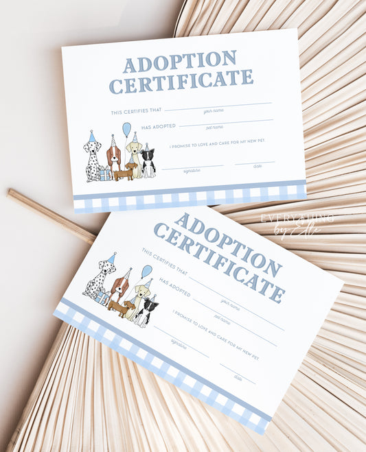 Let's Pawty Blue Puppy Birthday Adoption Certificate Editable | Boy Puppy Dog 1st 2nd Birthday Party Printable Favors Template | EverythingByElleCo