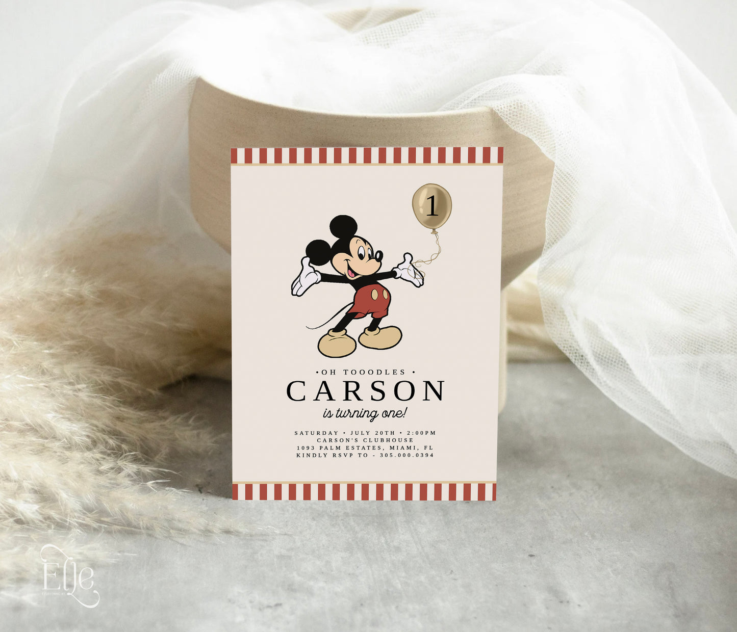 Vintage Mickey Mouse Birthday Invitation Editable | Classic Mouse Stripes 1st Birthday Invite Template | Any Age Mouse Birthday Template | EverythingByElleCo