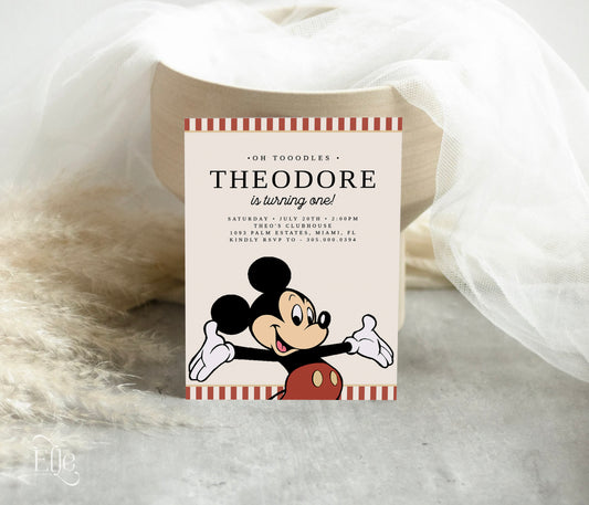 Vintage Mickey Mouse Birthday Invitation Editable | Classic Mouse Stripes 1st Birthday Invite Template | Any Age Mouse Birthday Template | EverythingByElleCo