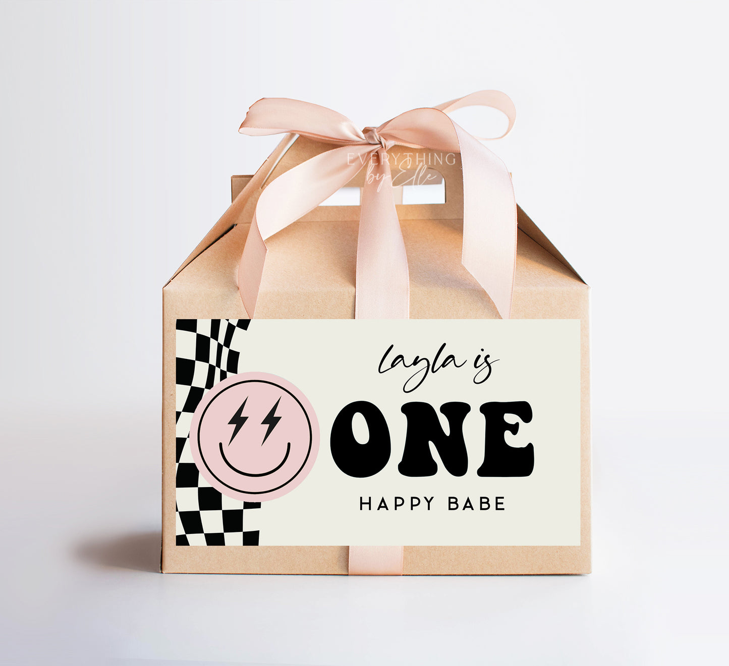 ONE Happy Babe Gable Box Label Editable | Retro Pink Girl Smiley 1st Birthday Printable Favor Box Sticker Template | EverythingByElleCo