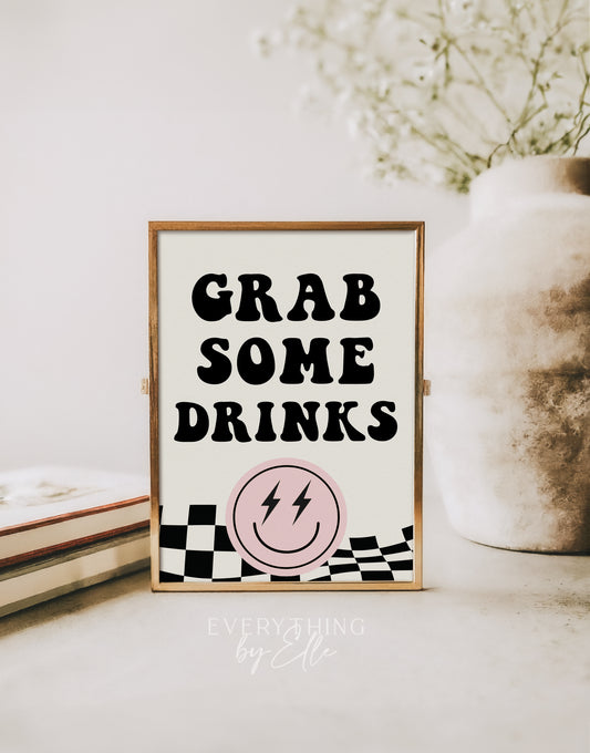 ONE Happy Babe Drinks Sign Editable | Retro Pink Girl Smiley 1st Birthday Printable Table Sign Template | EverythingByElleCo