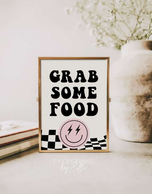 ONE Happy Babe Food Sign Editable | Retro Pink Girl Smiley 1st Birthday Printable Table Sign Template | EverythingByElleCo