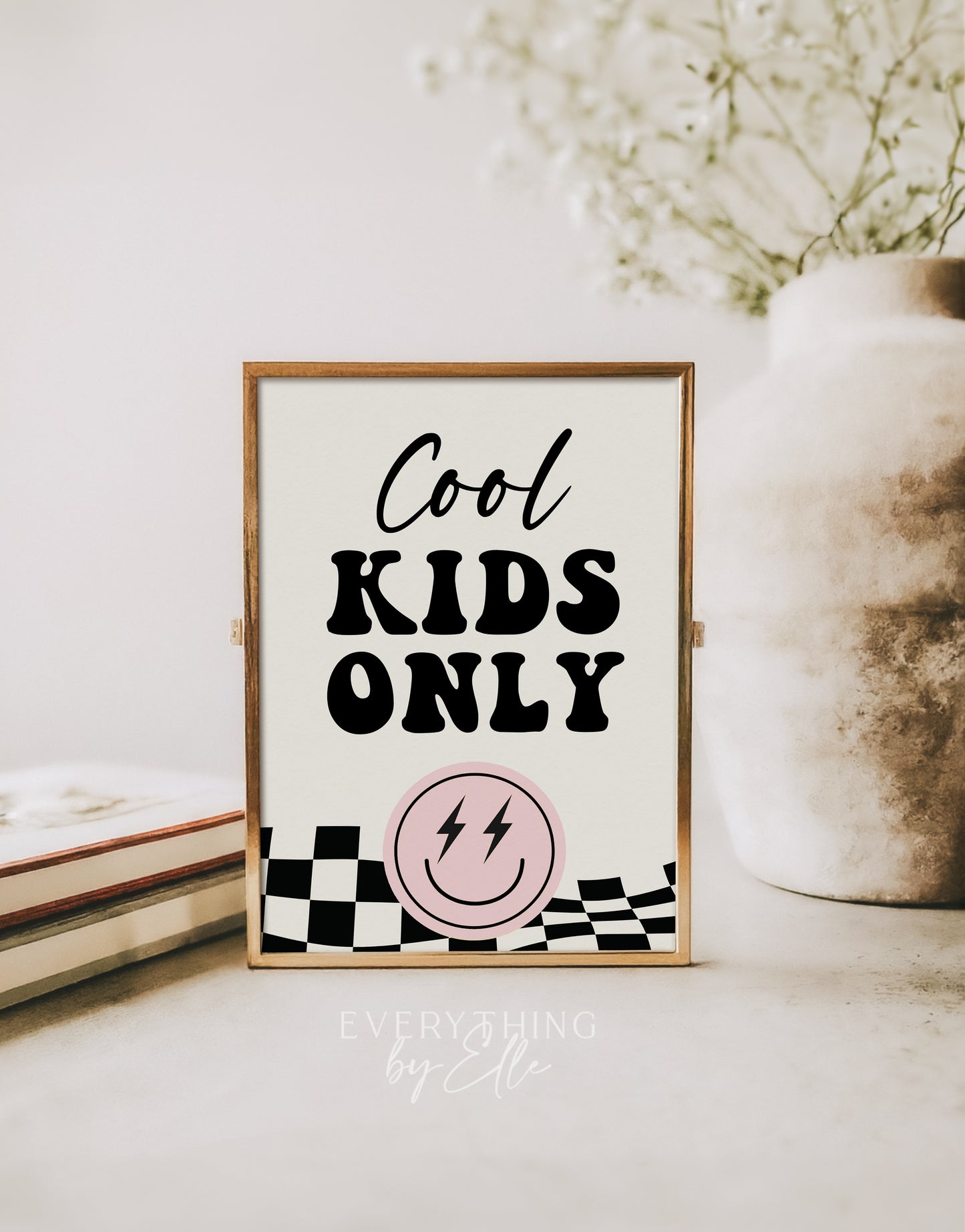 ONE Happy Babe Cool Kids Only Sign Editable | Retro Pink Girl Smiley 1st Birthday Printable Table Favors Sign Template | EverythingByElleCo