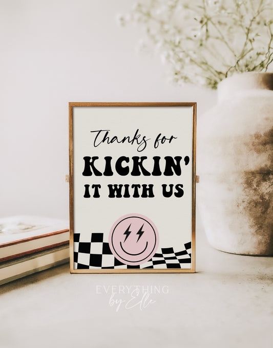 ONE Happy Babe Thanks for Kickin' It Sign Editable | Retro Pink Girl Smiley 1st Birthday Printable Table Sign Template | EverythingByElleCo