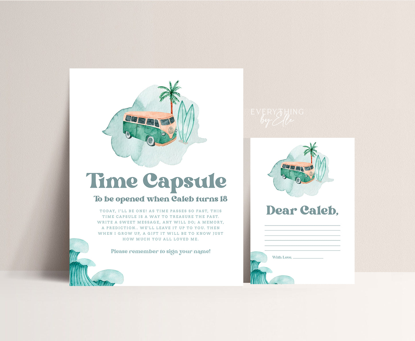 The Big ONE Surf Van Birthday Time Capsule Sign and Card Editable | Vintage Retro Teal Surf Favor Box Surf 18th Birthday Time Capsule | Boy Beach 1st Birthday Party Printable Template | EverythingByElleCo