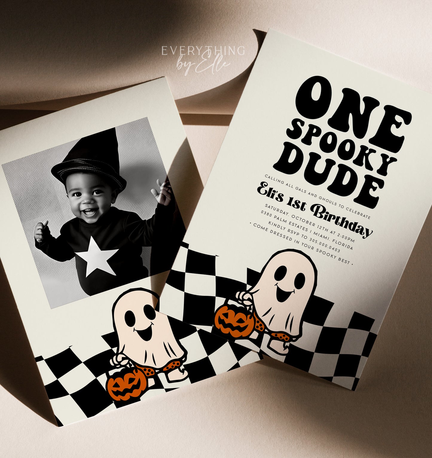 One Spooky Dude Halloween Birthday Invitation Editable | Cute Ghost Checkered Retro Halloween Party Invite Template | EverythingByElleCo