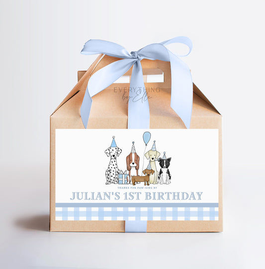 Let's Pawty Blue Puppy Birthday Gable Box Label Editable | Boy Puppy Dog 1st 2nd Birthday Party Printable Favor Sticker Template | EverythingByElleCo