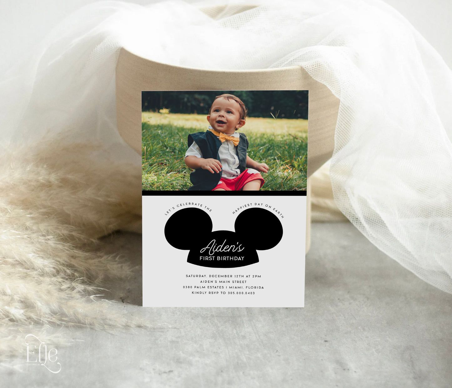 Modern Mickey Mouse Hat Birthday Invitation Editable | Minimal Mouse 1st Birthday Half Birthday Photo Invite Template | Black and White Mouse Birthday Template | EverythingByElleCo