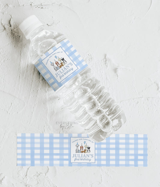 Let's Pawty Blue Puppy Birthday Water Bottle Label Editable | Boy Puppy Dog 1st 2nd Birthday Party Printable Favor Sticker Template | EverythingByElleCo