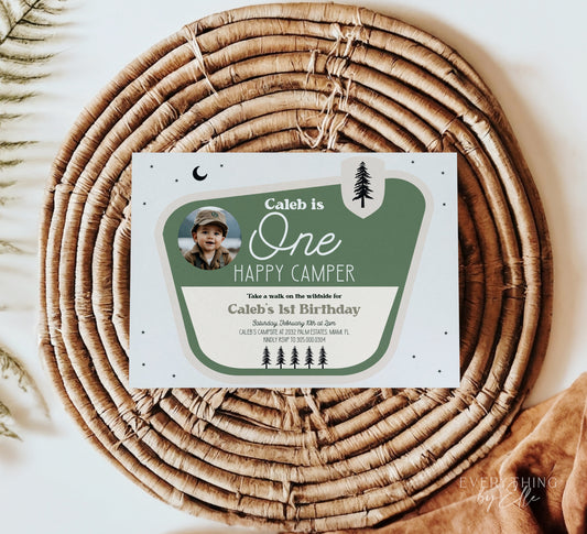 One Happy Camper 1st Birthday Photo Invitation Editable | Green Camp First Birthday Party Invite Template | Summer Birthday Invite for Boys | EverythingByElleCo