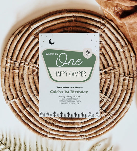 One Happy Camper 1st Birthday Invitation Editable | Green Camp First Birthday Party Invite Template | Summer Birthday Invite for Boys | EverythingByElleCo