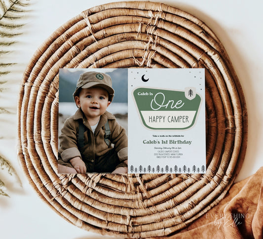 One Happy Camper 1st Birthday Photo Invitation Editable | Green Camp First Birthday Party Invite Template | Summer Birthday Invite for Boys | EverythingByElleCo