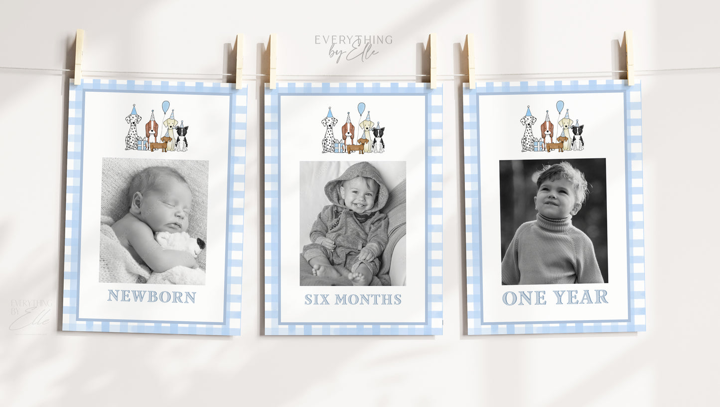 Let's Pawty Blue Puppy Birthday Monthly Photo Banner Editable | Boy Puppy Dog 1st Birthday Party Milestone Banner Template | EverythingByElleCo (Copy)