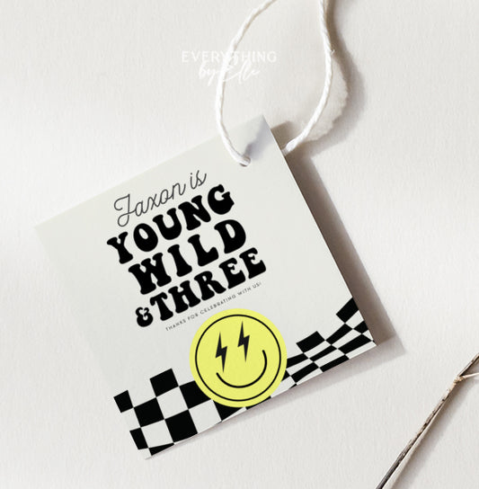 Young Wild and Three Smiley Birthday Favor Tag Editable | Checkered Smiley 3rd Birthday Party Invite Template Gift Tag | EverythingByElleCo