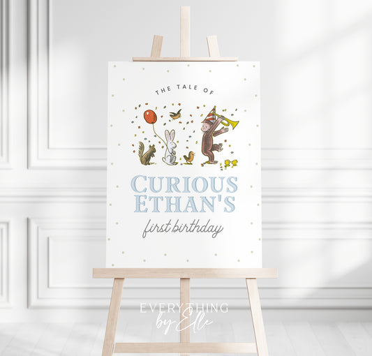 Curious George Birthday Welcome Sign Editable | Blue Vintage Monkey Birthday Party Sign Template | Monkey See Monkey Do Party | EverythingByElleCo