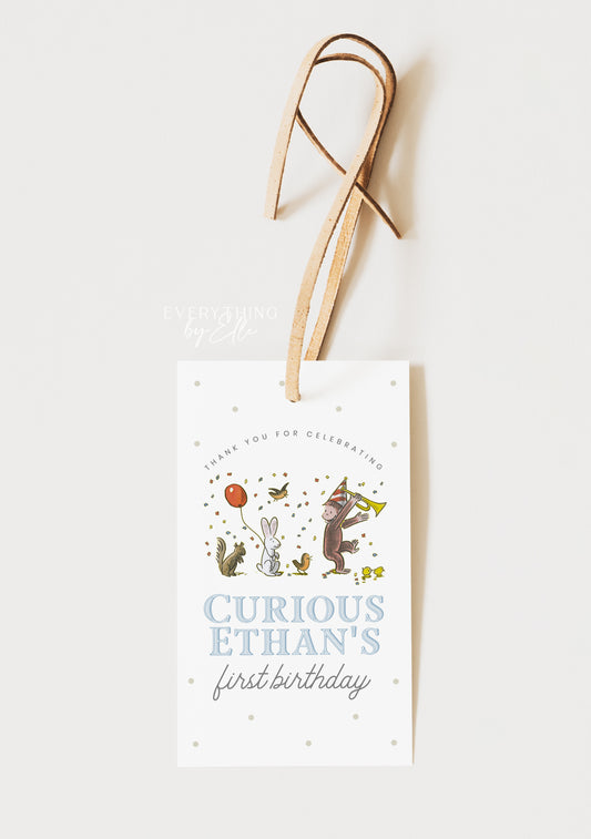 Curious George Birthday Favor Tag Editable | Blue Vintage Monkey Birthday Party Favor Printable Thank You Tag Template | Monkey See Monkey Do Party | EverythingByElleCo