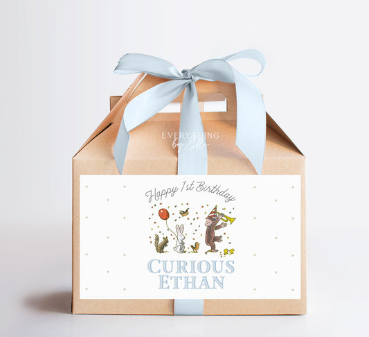 Curious George Birthday Gable Box Label Editable | Blue Vintage Monkey Birthday Party Favor Sticker Template | Monkey See Monkey Do Party | EverythingByElleCo