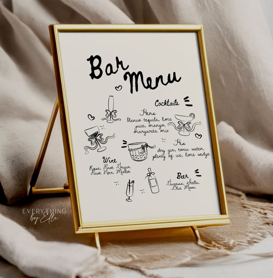 French Inspired Wedding Bar Menu Editable | Hand Drawn Scribble Illustrations Quirky Wedding Cocktails Sign Template | EverythingByElleCo