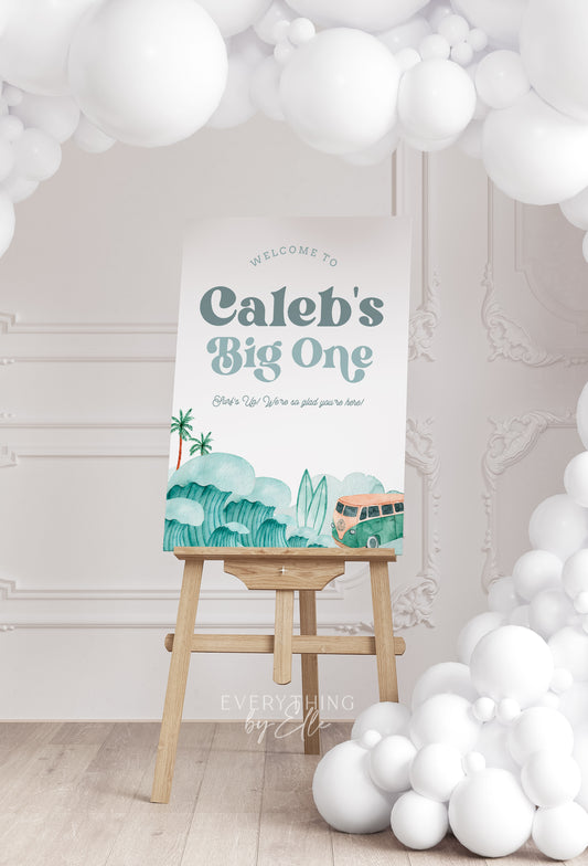 The Big ONE Surf Van Birthday Welcome Sign Editable | Vintage Retro Teal Surf Printable Sign | Boy Beach 1st Birthday Party Template | EverythingByElleCo