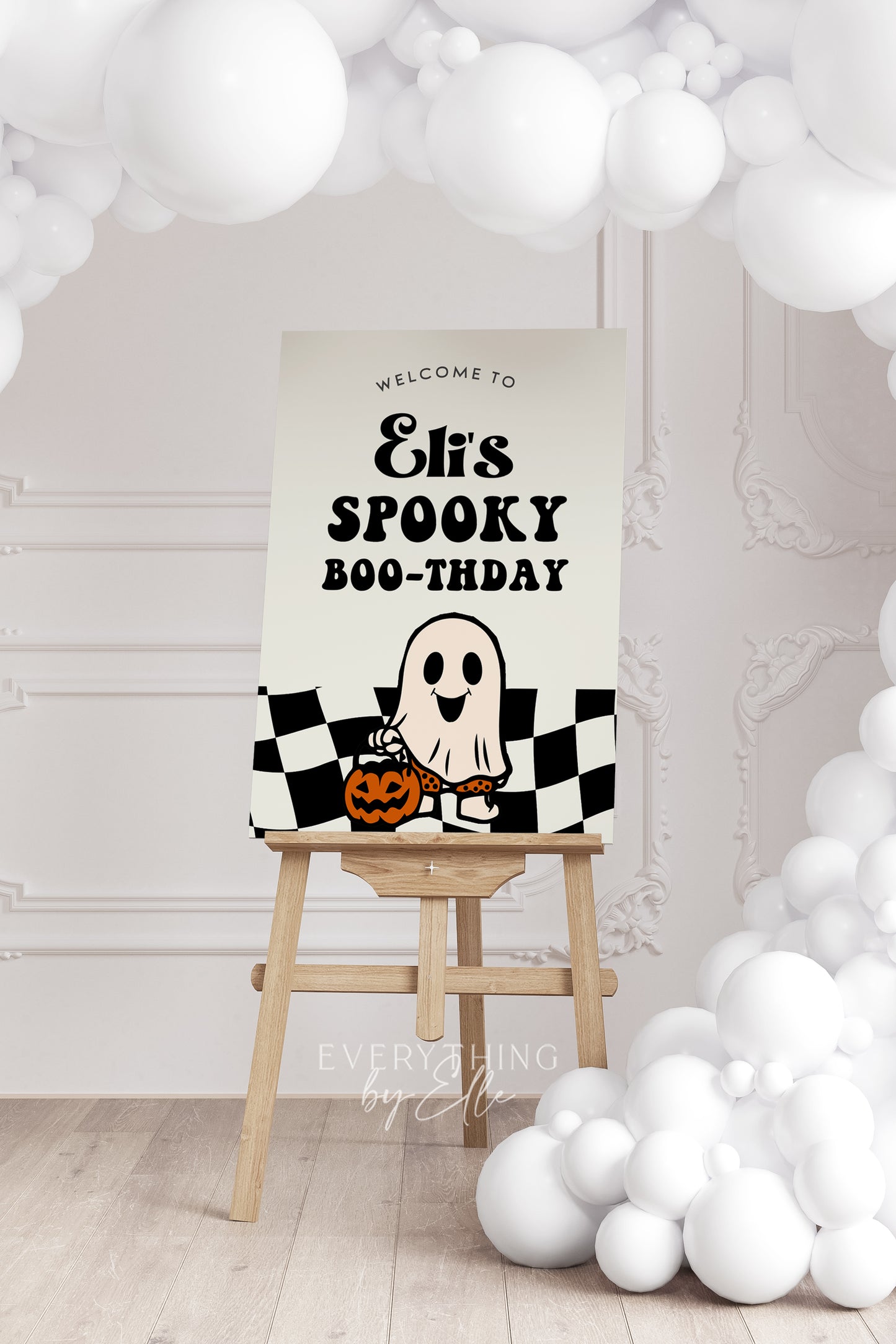 One Spooky Dude Halloween Birthday Sign Editable | Cute Ghost Checkered Retro Halloween Party Welcome Sign Template | EverythingByElleCo