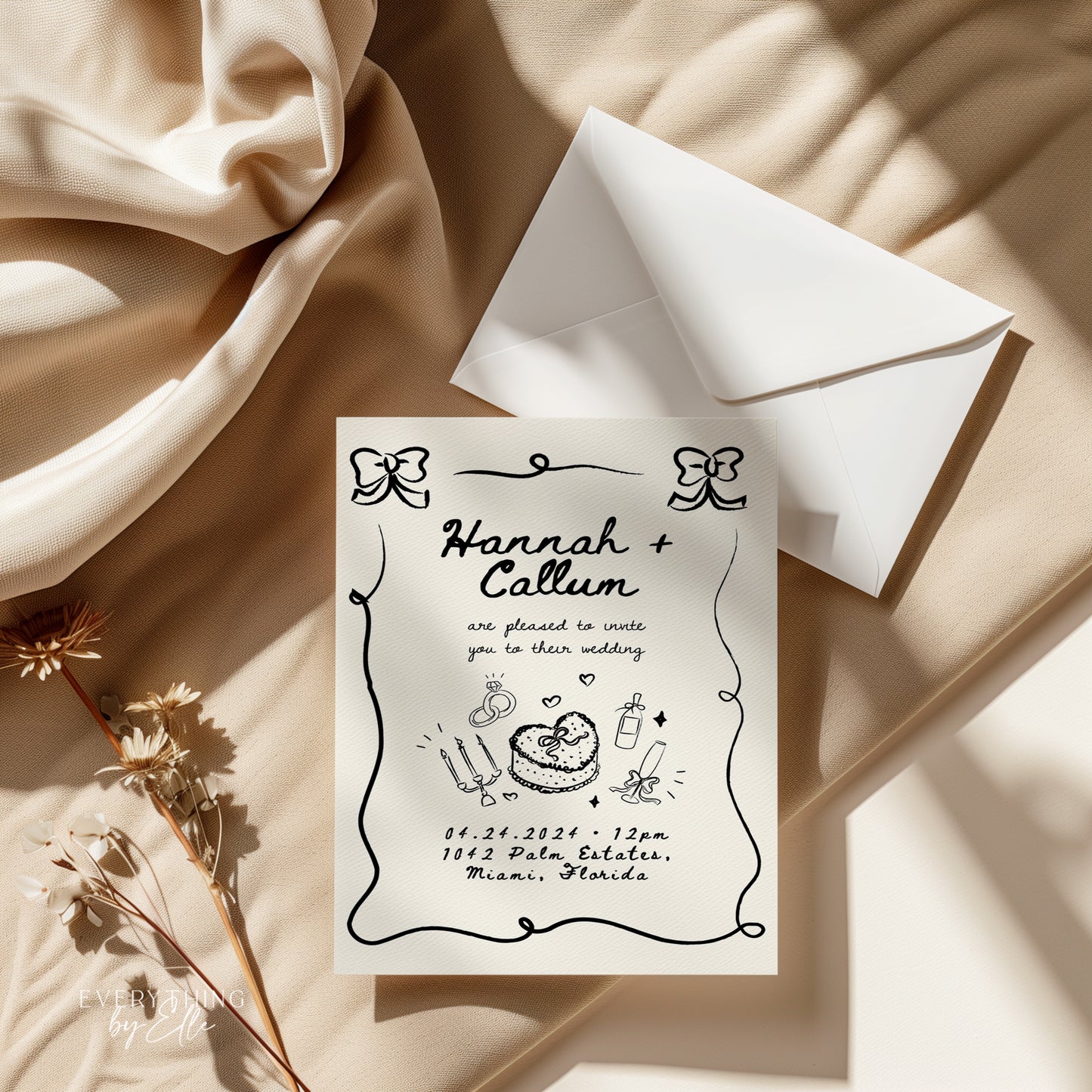 French Inspired Wedding Invitation Editable | Hand Drawn Scribble Illustrations Quirky Wedding Invite Template | EverythingByElleCo