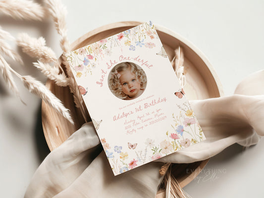 Isn't She ONEderful Photo Invitation Editable | Girl Wildflower First Birthday Invite Template | Isn't She Lovely, Isn't She Onederful Template | EverythingByElleCo