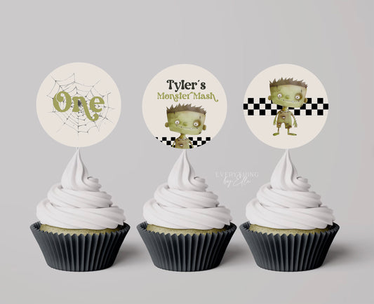 Frankenstein Halloween Cupcake Toppers Editable | Monster Mash Birthday Round Stickers Template | Halloween Costume Party Favors Template | EverythingByElleCo