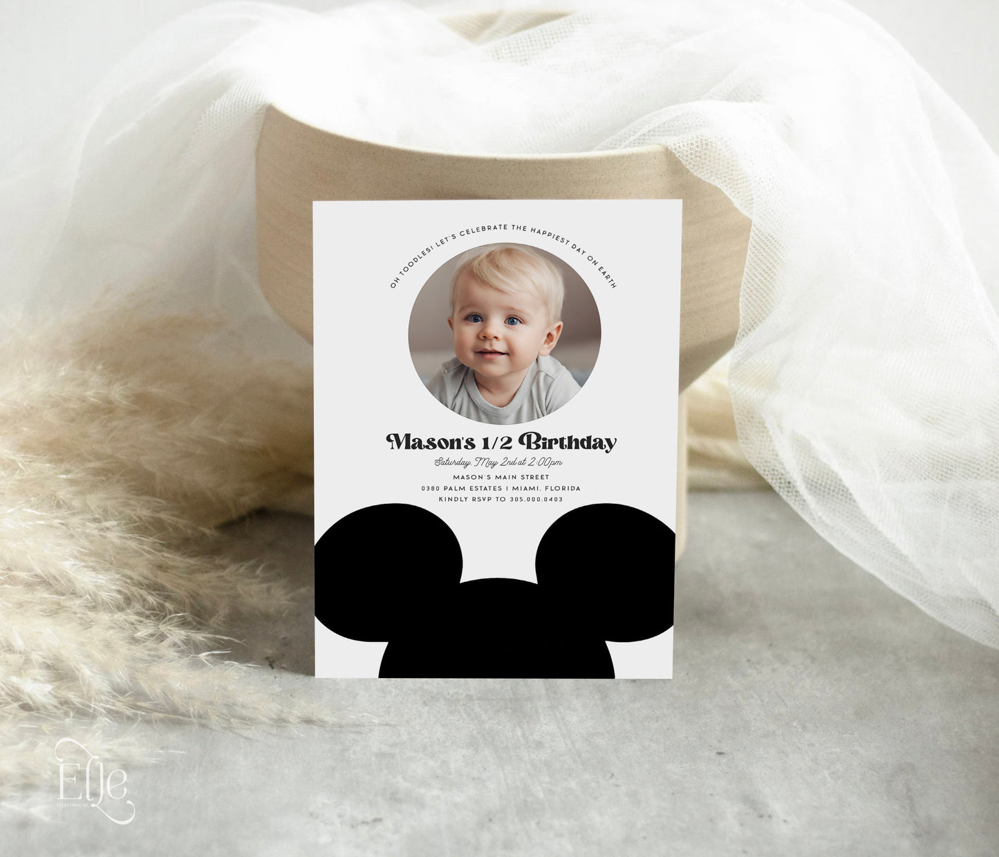 Modern Mickey Mouse Photo Birthday Invitation Editable | Minimal Mouse 1st Birthday Half Birthday Invite Template | Black and White Mouse Birthday Template | EverythingByElleCo