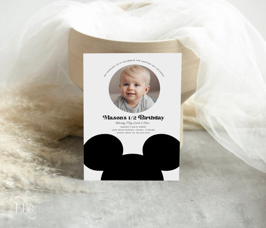 Modern Mickey Mouse Photo Birthday Invitation Editable | Minimal Mouse 1st Birthday Half Birthday Invite Template | Black and White Mouse Birthday Template | EverythingByElleCo