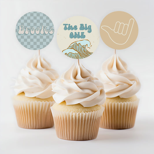 The Big One Surf Birthday Cupcake Toppers Editable | Vintage Surf Boy 1st Birthday Party Printable Round Label Sticker Template | EverythingByElleCo
