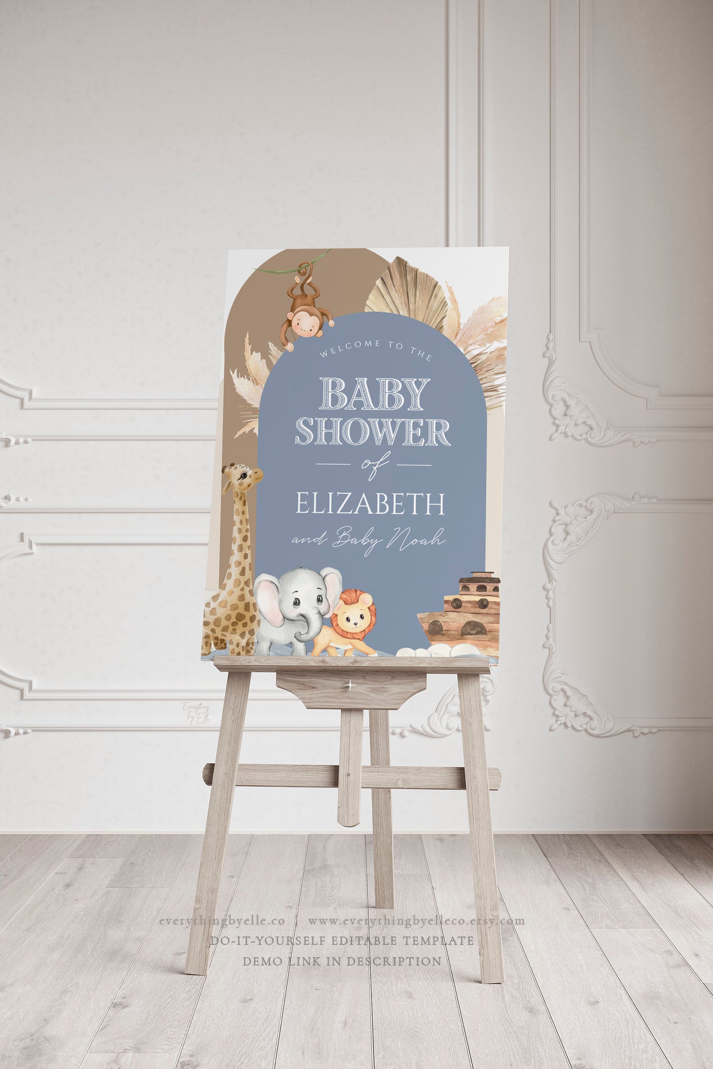 Noah's Ark Baby Shower Welcome Sign Editable | Safari Animals Biblical Blue Boy Baby Shower Sign Template | EverythingByElleCo