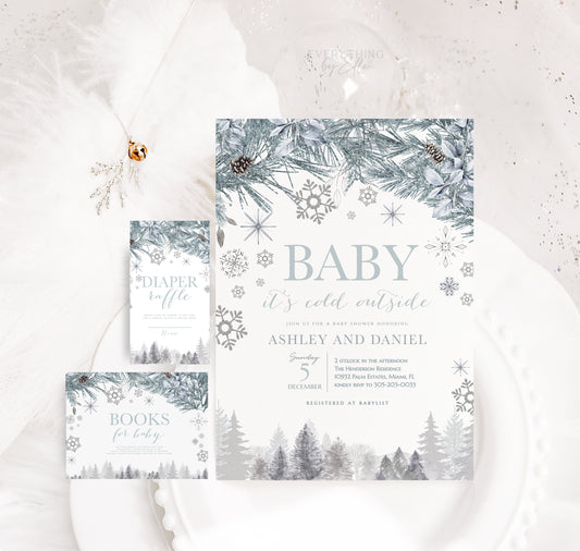 Baby It's Cold Outside Invitation Suite Editable | Winter Baby Shower Invite Template Bundle | Christmas Gender Neutral Baby Shower Template | EverythingByElleCo