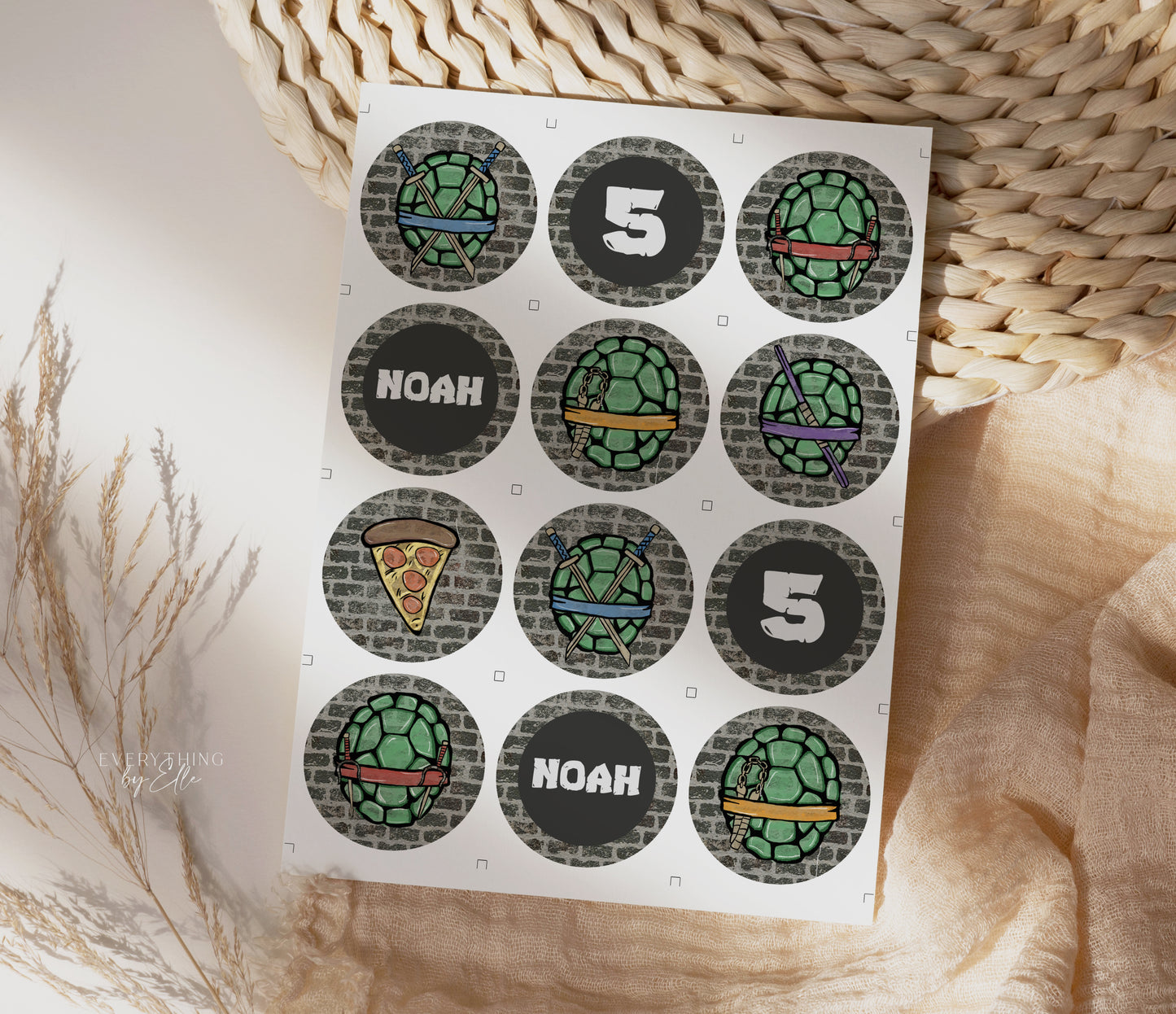 Turtles Birthday Cupcake Toppers Editable | Modern Mayhem Ninja Birthday Party Printable Template | EverythingByElleCo