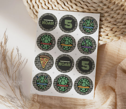 Turtles Birthday Cupcake Toppers Editable | Modern Mutant Ninja Birthday Party Printable Round Label Sticker Template | EverythingByElleCo