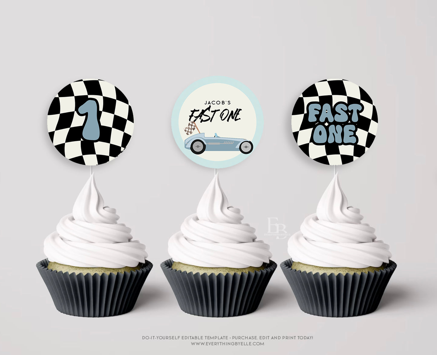 Fast ONE Race Car First Birthday Cupcake Toppers | Blue Checkered Race Car 1st Birthday Printable Favors | Editable Retro First Birthday for Boys | Instant Download Party Decor Printables